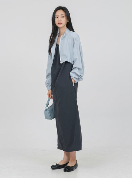 Round Neck Shirring Nylon Maxi Dress OA14