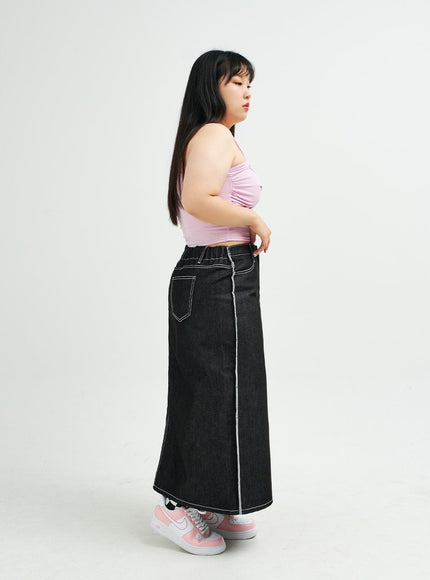 Plus Reverse Stitch Bleached Denim Maxi Skirt IY24