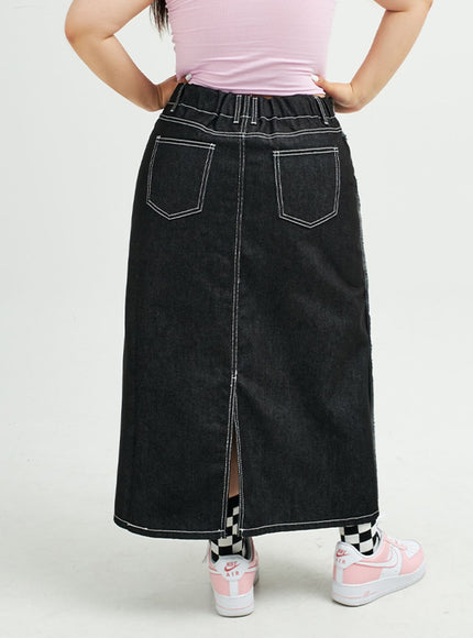 Plus Reverse Stitch Bleached Denim Maxi Skirt IY24