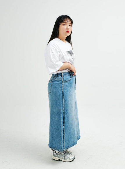 Plus Reverse Stitch Bleached Denim Maxi Skirt IY24