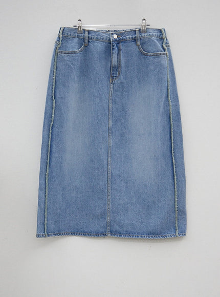 Plus Reverse Stitch Bleached Denim Maxi Skirt IY24