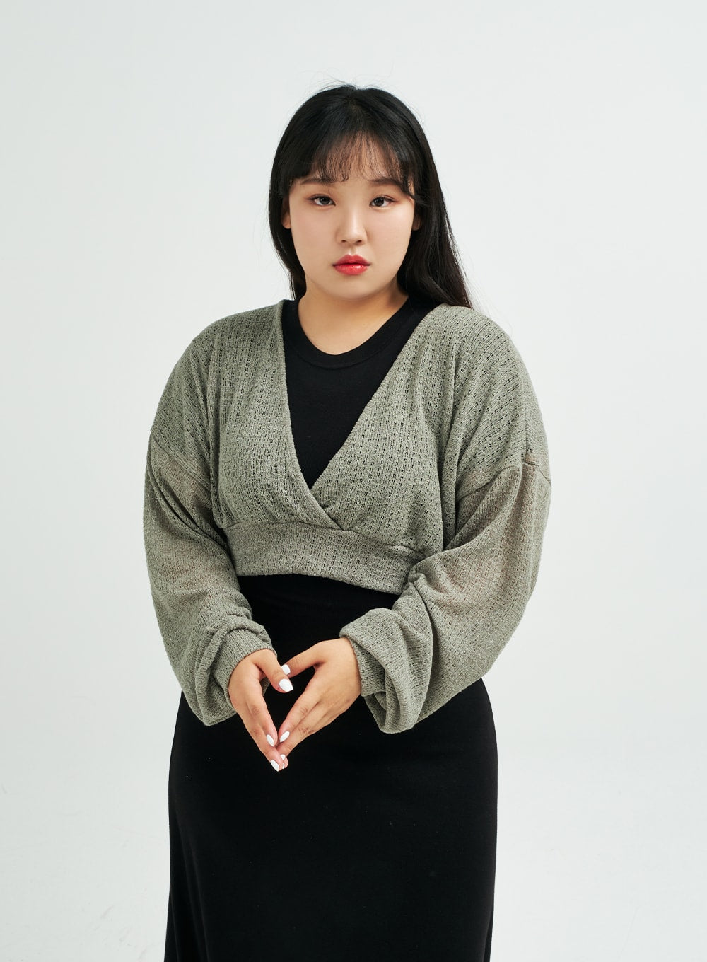 Plus Sheer Linen V-Neck Cropped Knit Top IY24