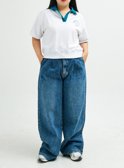 Plus Pintuck Wide Leg Denim Pants IY24