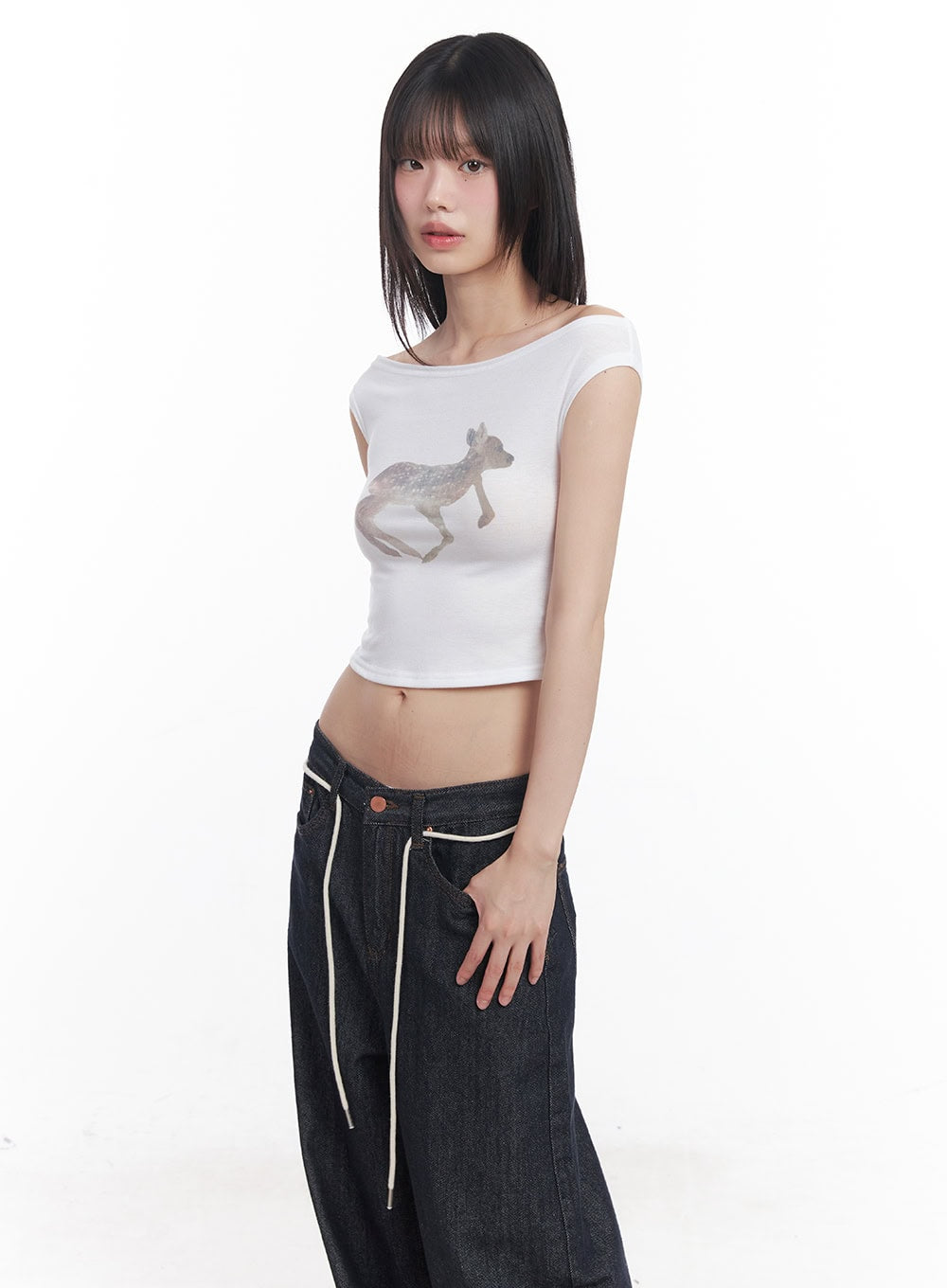 Cute Animal-Print  Graphic Off-Shoulder Crop Top CY521