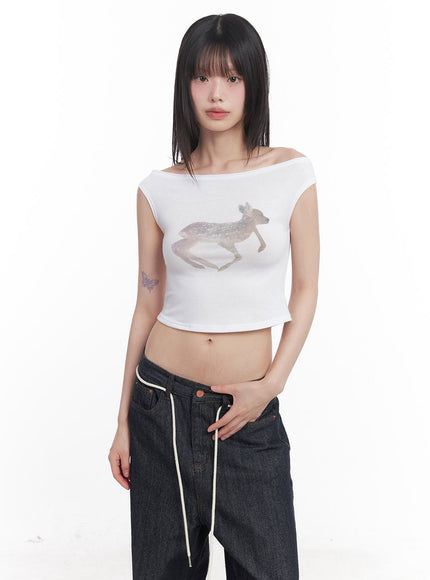 Cute Animal-Print  Graphic Off-Shoulder Crop Top CY521