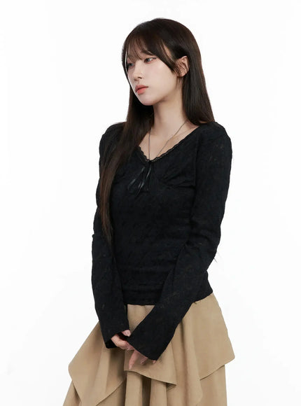 ribbon-v-neck-long-sleeve-top-cc1109 / Black