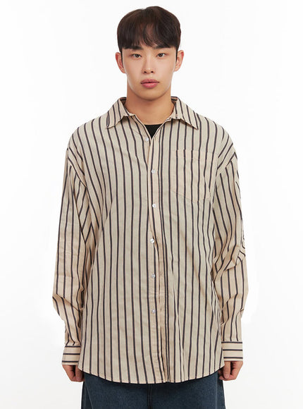 Men's Oversized Stripe Collared Button-Up Shirt IF521