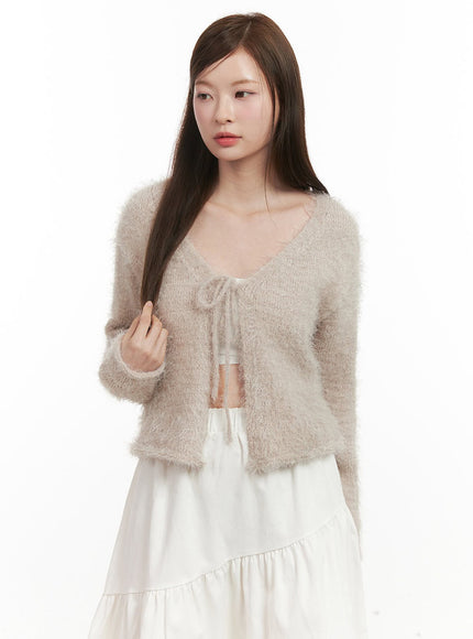 Fuzzy Ribbon Tie Cardigan IJ527