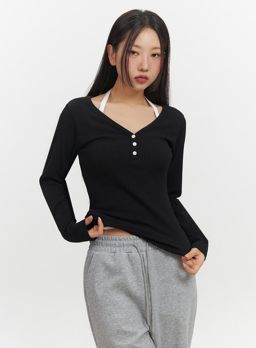 buttoned-v-neck-long-sleeve-top-if510