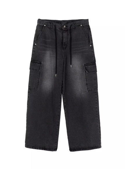 Men's Dark-Washed Cargo Wide Pants IN525