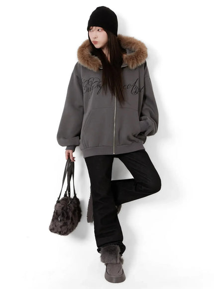 Faux Fur Printed Zip-Up Hoodie ID531