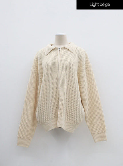 Plus Waffle Pattern Collared Two Way Zip-Up Knit
