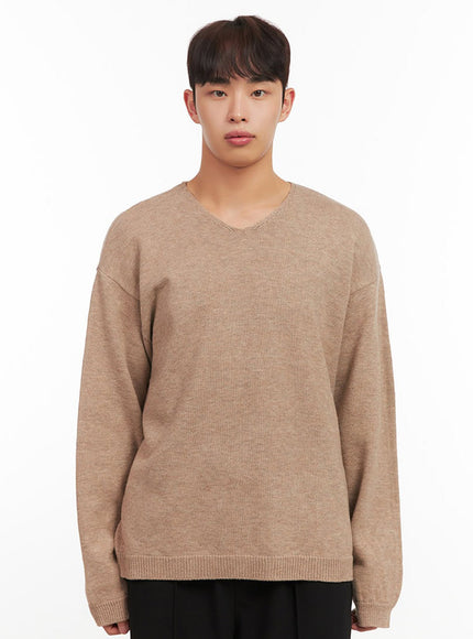 Men's Essential Beige V-Neck Sweater IF521