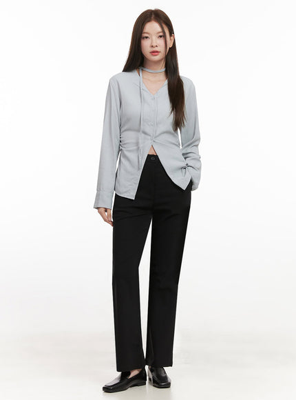 Slim-Fit Button-Down Blouse with Scarf IF505