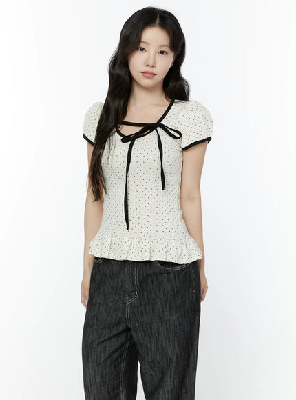 polka-dot-puff-sleeve-ribbon-top-iy507