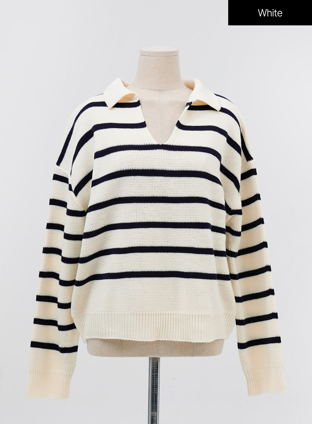 V-Neck Stripe Long Sleeve Knit with Collar IG24