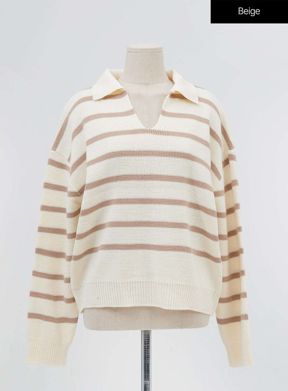 V-Neck Stripe Long Sleeve Knit with Collar IG24