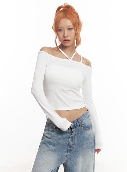 Strap Off-Shoulder Long-Sleeve Crop Top IA517