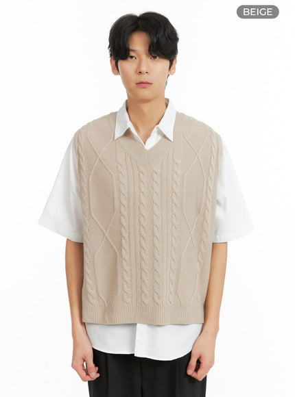 mens-classic-cable-knit-v-neck-vest-ia401 / Beige