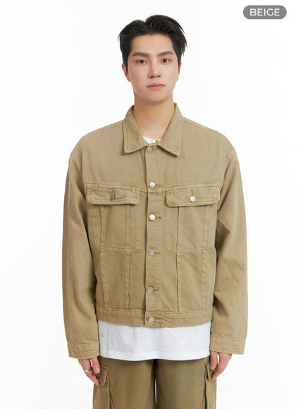 mens-solid-button-denim-jacket-ia401 / Beige