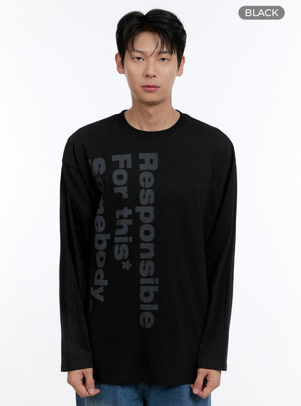 mens-round-neck-lettering-long-sleeve-ig428 / Black