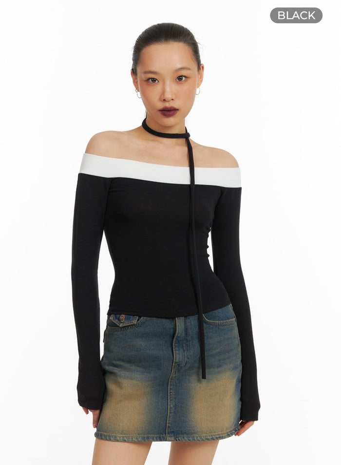 off-shoulder-top-with-scarf-ia417 / Black