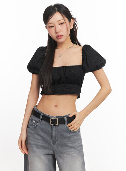 puff-sleeve-square-neck-crop-top-ia525 / Black