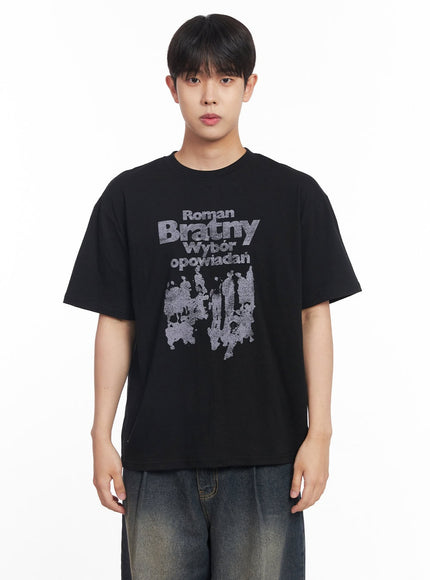 mens-loose-fit-round-neck-graphic-t-shirt-iy522 / Black