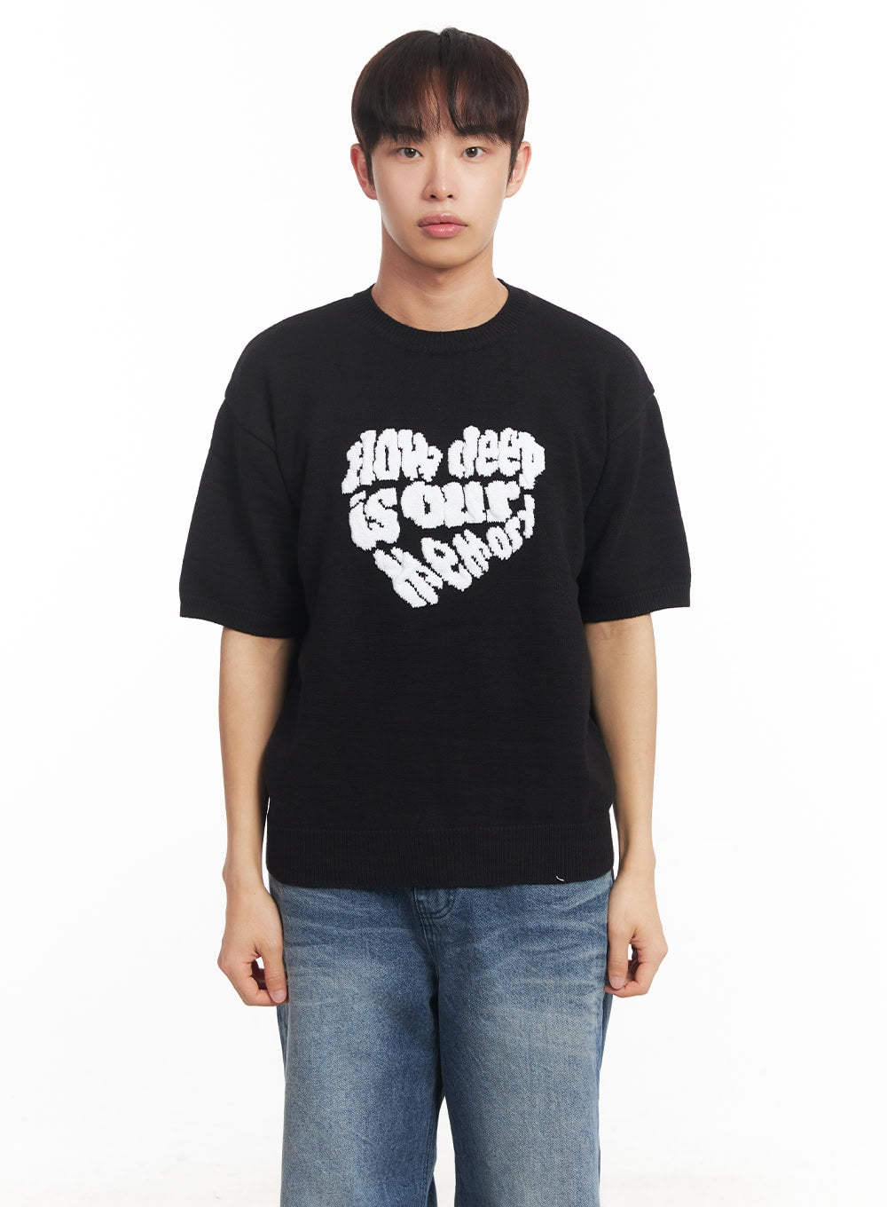 mens-heart-graphic-short-sleeve-sweater-ia521 / Black