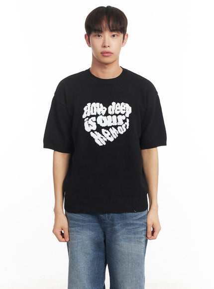 mens-heart-graphic-short-sleeve-sweater-ia521 / Black