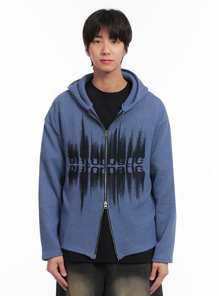 mens-ribbed-knit-graphic-hooded-jacket-ia511 / Blue