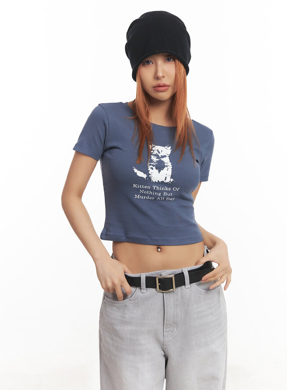cat-graphic-crop-top-ia515 / Blue