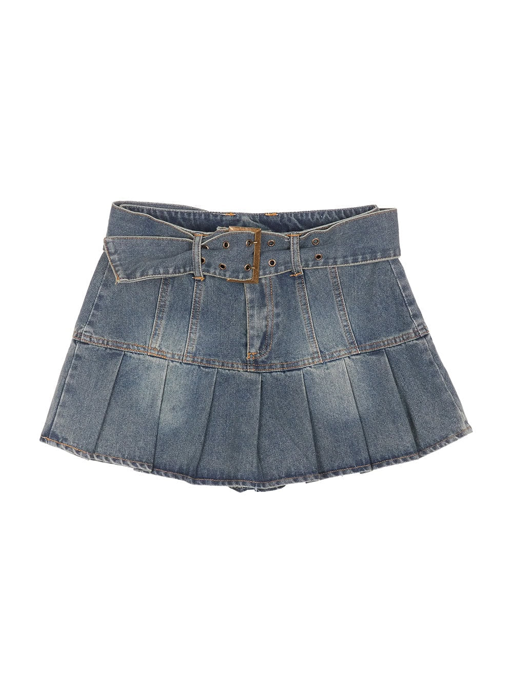 Pleated Denim Buckle Mini Skirt IY502