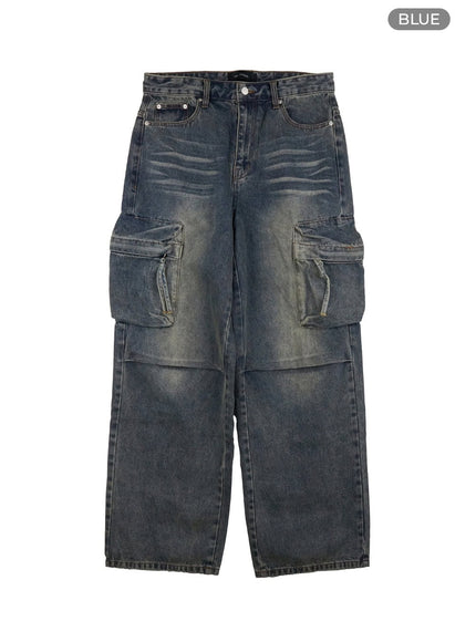 mens-cargo-pocket-washed-denim-jeans-io428 / Blue