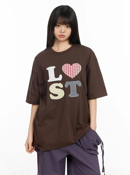 plaid-lost-graphic-oversized-t-shirt-ia523 / Brown