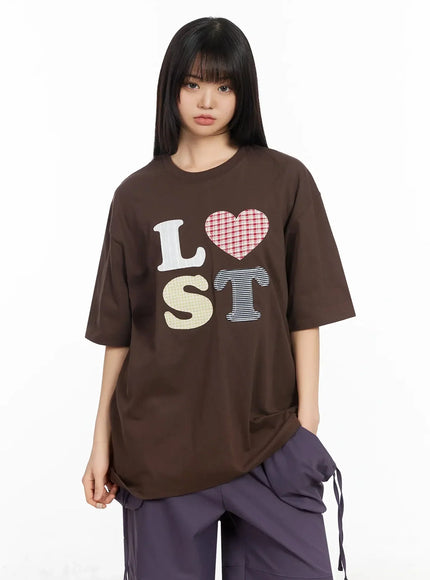 plaid-lost-graphic-oversized-t-shirt-ia523 / Brown