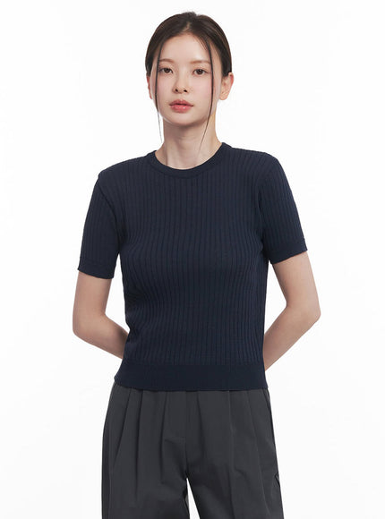 essential-ribbed-knit-top-iy513 / Dark blue