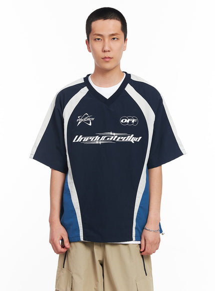 mens-nylon-graphic-v-neck-t-shirt-iu512 / Dark blue