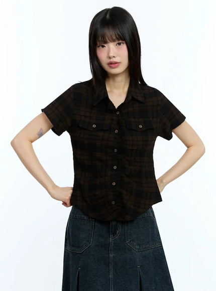 slim-fit-plaid-short-sleeve-shirt-iu523 / Dark brown