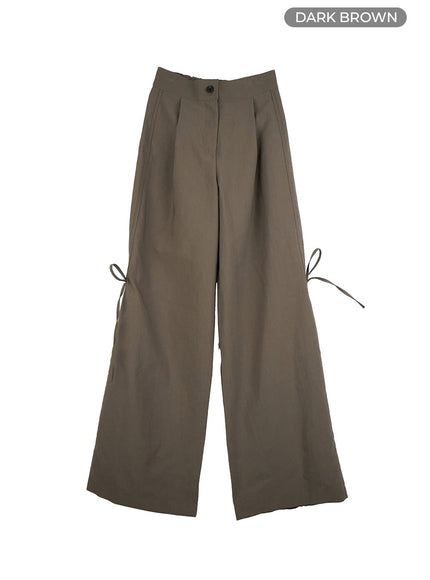 ribbon-tie-wide-fit-polyester-pants-io409 / Dark brown