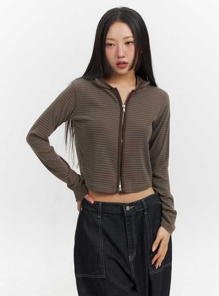 striped-zip-up-hooded-crop-jacket-if510 / Dark brown