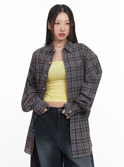 checkered-oversize-collared-t-shirt-im525 / Dark brown