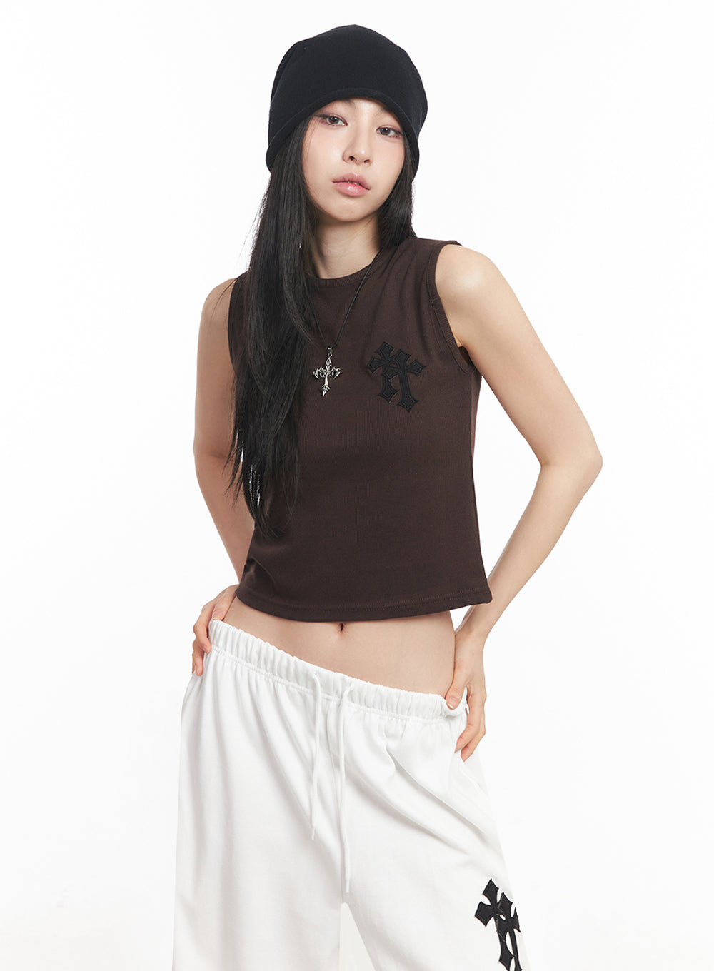 patched-chic-sleeveless-top-iy516 / Dark brown