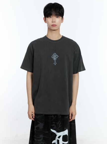 mens-vintage-blue-cross-graphic-t-shirt-il529 / Dark gray