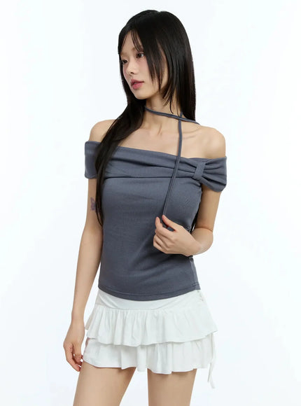 ribbon-off-shoulder-tee-with-scarf-set-iu524 / Dark gray