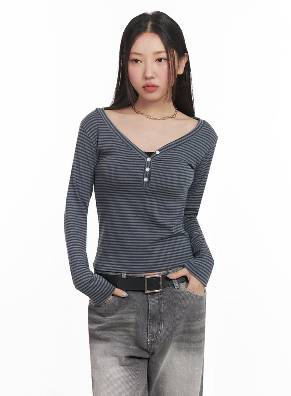 stripe-buttoned-long-sleeve-top-im524 / Dark gray
