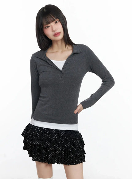 layered-collar-long-sleeve-top-if505 / Dark gray