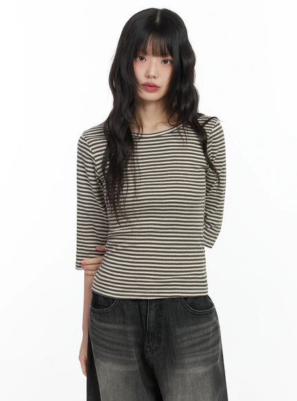 striped-3-4-sleeve-top-if505 / Dark green