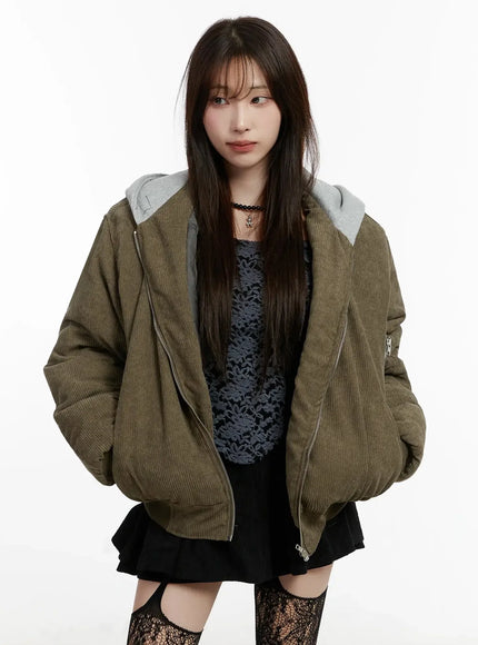 corduroy-hooded-bomber-jacket-ij521 / Dark green
