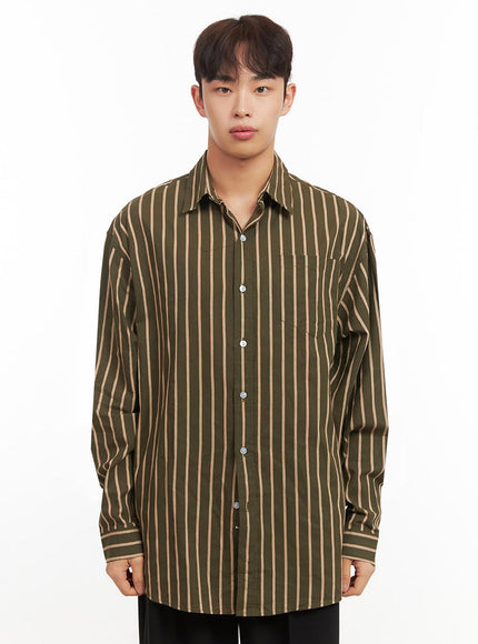Men's Oversized Stripe Collared Button-Up Shirt IF521